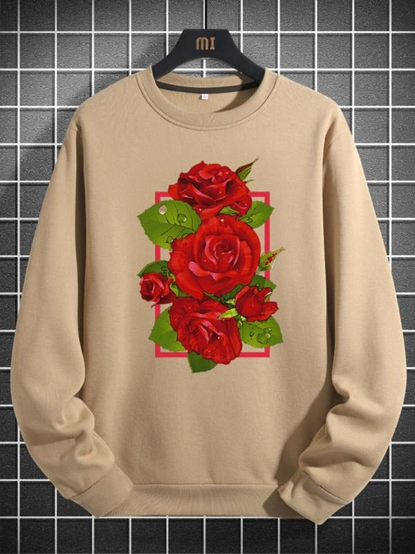 Unisex Men's Regular Fit Floral Print Drop Shoulder Essential Sweatshirt, Casual Long-sleeve Crew Neck Pullover for...