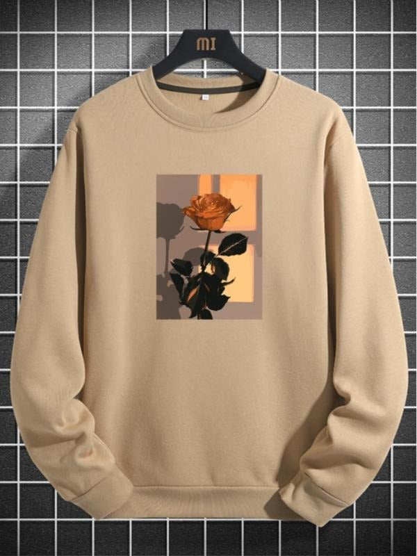 Unisex Men's Regular Fit Rose Print Drop Shoulder Sweatshirt, Casual Long-sleeve Crew Neck Essentials Hoodie Pullover for...