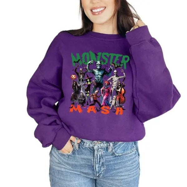 Unisex Monster Mash Halloween Sweatshirt - Traditional Horror Characters in Fall Colors - Available in Sand, Purple, Ash...
