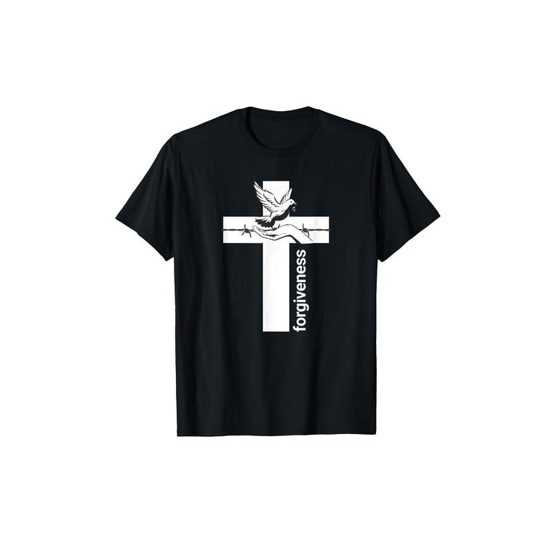 Unisex Peace Dove & Cross Graphic T-Shirt for Men & Women - Black with White Religious Design, Breathable UV Protection,...