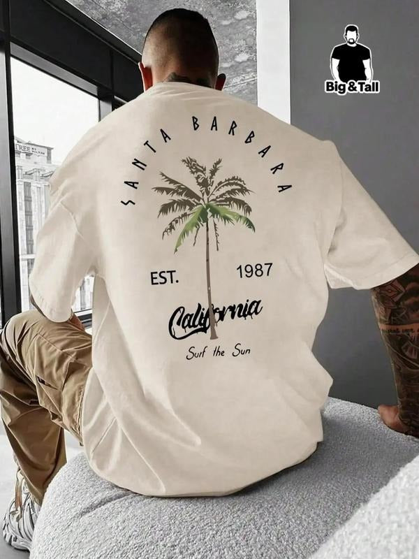 Unisex Plus Size Graphic Round Neck Tee, Men's Letter & Palm Tree Print Short Sleeve T-Shirt for Summer, Casual Men's Top...