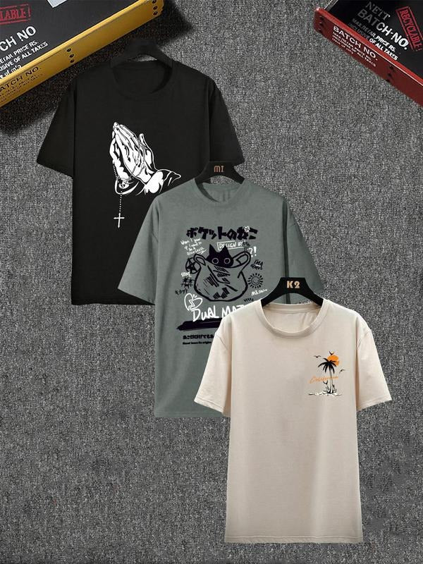 Unisex Regular Fit Graphic Round Neck Tee, Men's Street Fashion Short Sleeve T-Shirt for Daily Wear, Casual Comfy...