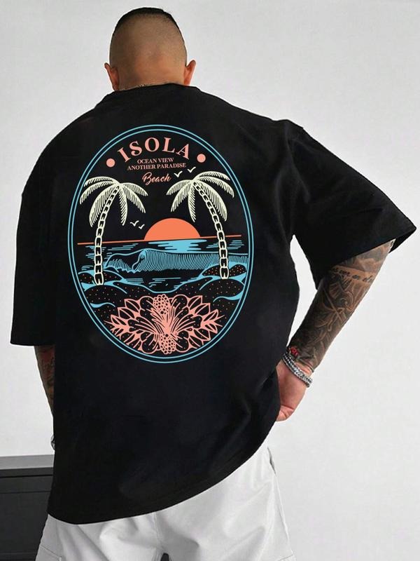 Unisex Regular Fit Landscape Print Round Neck Tee, Coconut Tree Print Crew Neck T-shirt for Unisex, Street Fashion Casual...