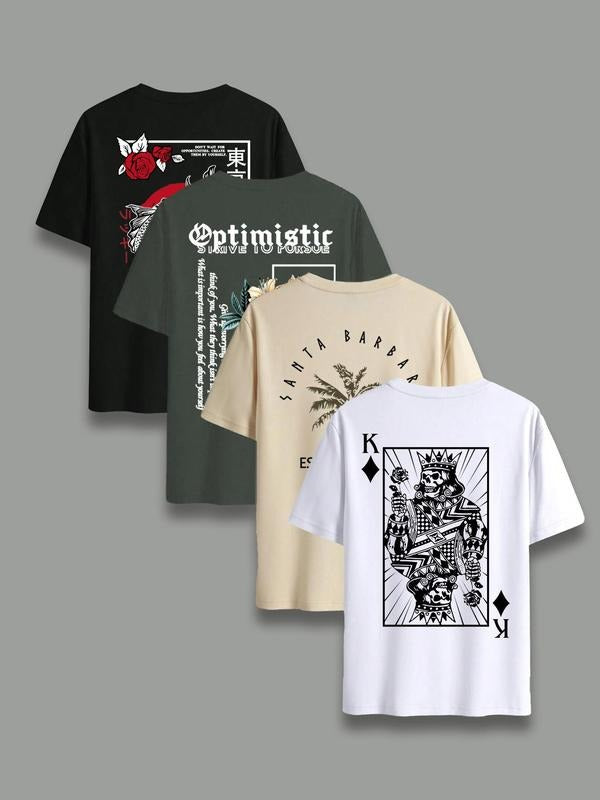 Unisex Regular Fit Playing Card & Floral & Letter Print Round Neck Tee, Casual Street Short Sleeve T-shirt for Summer,...