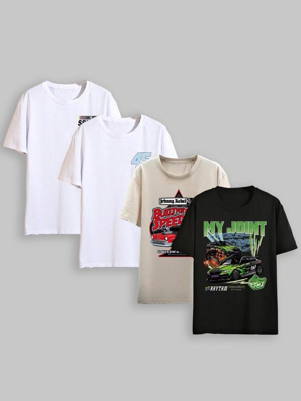 Unisex's  Car & Letter Print Round Neck Tee, Regular Fit Casual Short Sleeve T-shirt for Summer,  Top for Daily Wear...