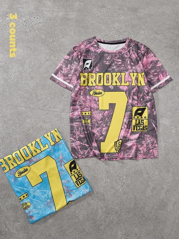 Unisex's All Over Print & Letter Print Tee, Regular Fit Casual Short Sleeve T-shirt for Daily Wear, Men's Top for All...