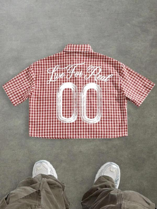 Unisex's Casual Checkered Graffiti Gothic Print Box-Fit Cropped Button-Up Shirt Men's Cropped Tops, Streetwear Hoodie,...