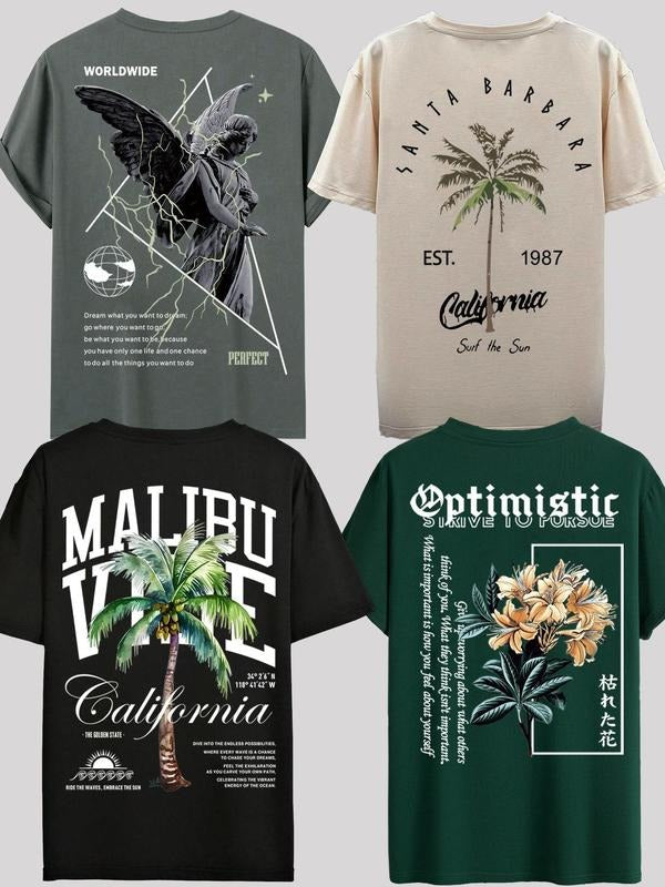 Unisex's Letter & Angel & Palm Tree & Floral Print Round Neck Tee, Regular Fit Casual Short Sleeve T-shirt for Summer,...