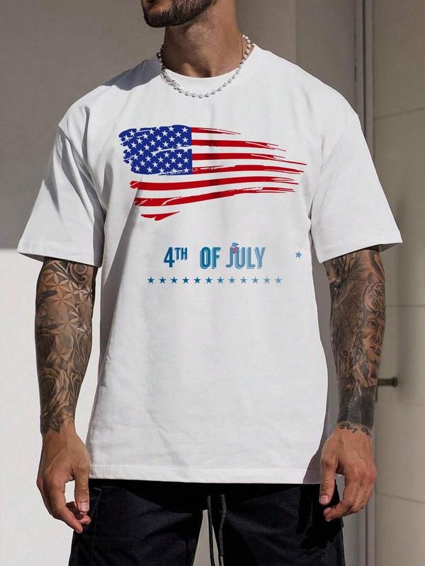 Unisex's Letter & Flag Print Round Neck Tee, Street Fashion Short Sleeve T-shirt for Daily Wear, Casual Comfy Knitting...