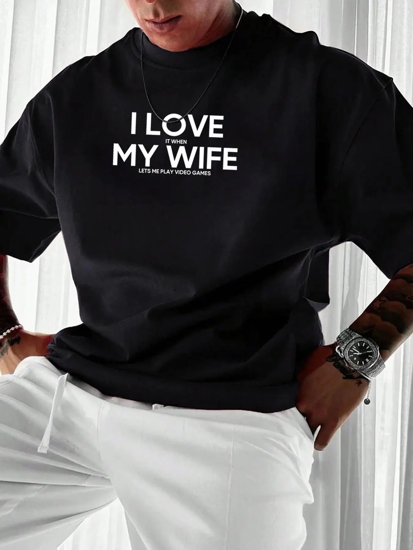 Unisex's Regular Fit "I LOVE MY WIFE" Slogan Print Drop Shoulder Tee, Casual Comfy Round Neck Half Sleeve T-Shirt for...