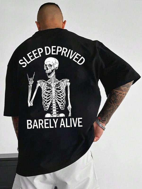 Unisex's Regular Fit Letter & Skeleton Print Drop Shoulder Tee, Casual Streetwear Round Neck Half Sleeve T-Shirt for...