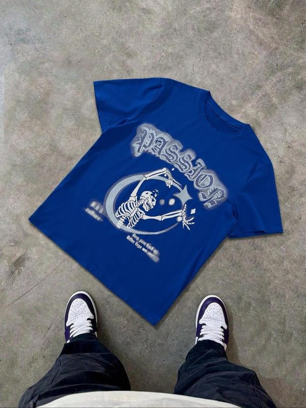 Unisex's Skull Print Round Neck Tee, Regular Fit Casual Short Sleeve Crew Neck T-Shirt for Summer, Fashion Men's Top for...