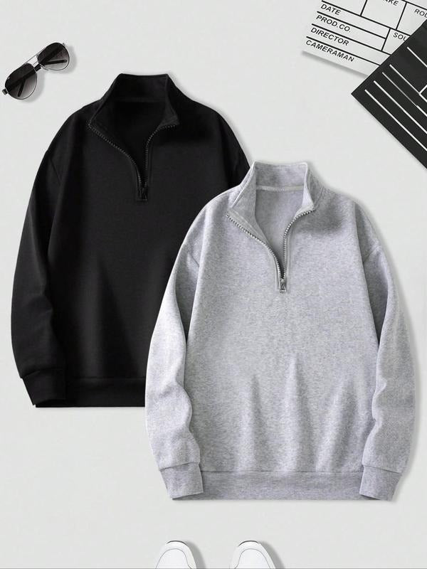 'S Solid Drop Shoulder Half Zip Casual Regular Fit Long Sleeve Stand Collar Fall & Winter 'S Clothes Daily T-Shirts, Hoodie, Sweatshirt