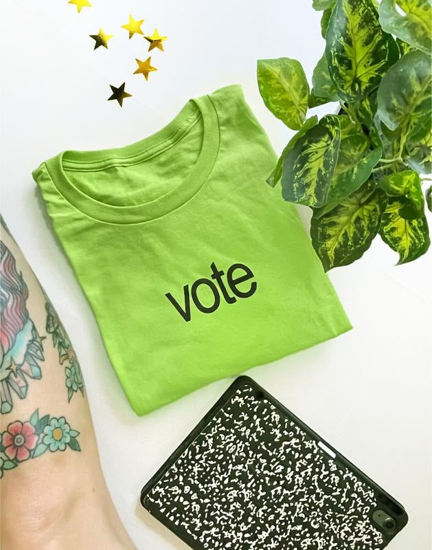 VOTE shirt on lime green unisex tshirt, brat inspired. Hoodie, Sweatshirt | HypeDripTees.com