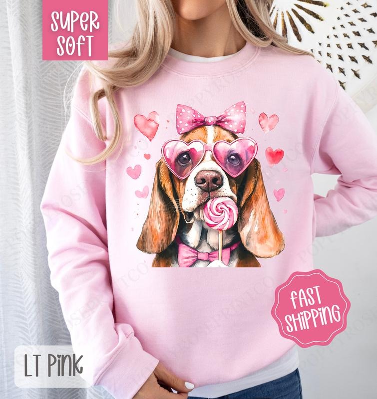 Valentine Bassett Hound Sweatshirt, Valentine's Day Crewneck, Cute Women's Sweater T-Shirts, Hoodie | HypeDripTees.com