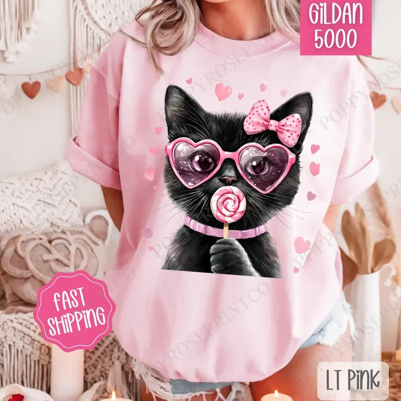Valentine Black Cat Shirt Gildan, Valentine's Day Women's Tee, Cute Women's Tshirt Plus Sizes Hoodie, Sweatshirt