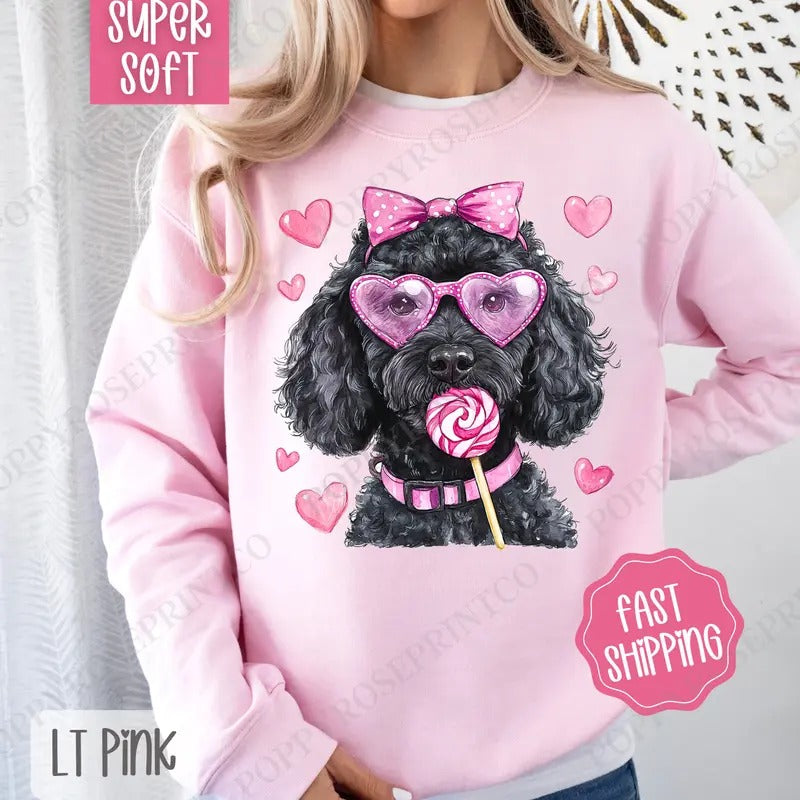 Valentine Black Doodle Sweatshirt, Valentine's Day Crewneck, Cute Women's Sweater T-Shirts, Hoodie | HypeDripTees.com