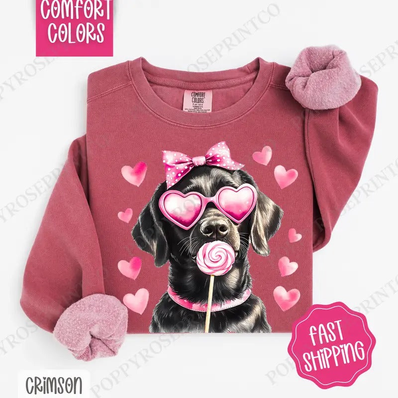 Valentine Black Lab Sweatshirt Comfort Colors, Dog Valentine's Day Women's Crewneck, Cute Women's Sweater for Valentines...