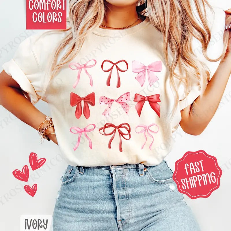 Valentine Bows Shirt Comfort Colors, Valentine's Day Women's Tee, Holiday Women's Tshirt Hoodie, Sweatshirt