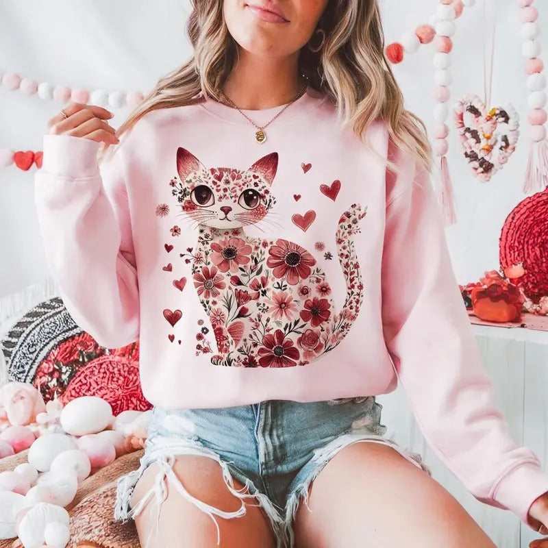 Valentine Cat Sweatshirt Valentine Sweatshirt, Heart Love Cat Valentine Sweatshirt, Trendy Valentine Sweatshirt, Cat...