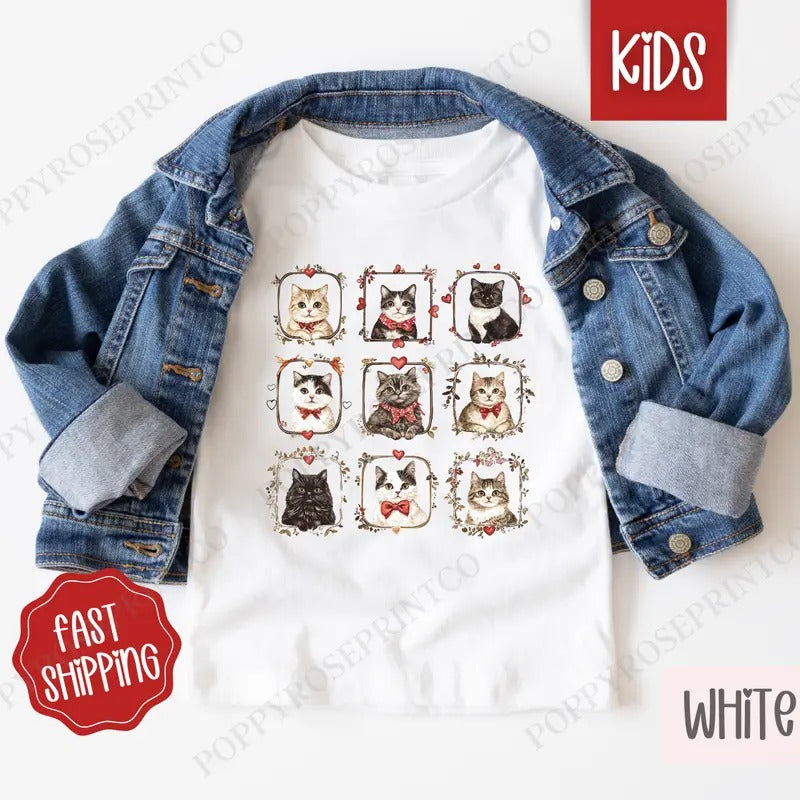 Valentine Cats Kids Shirt - Valentine's Day Children's Tshirt - Youth Cat Tee Gildan Hoodie, Sweatshirt | HypeDripTees.com