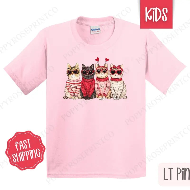 Valentine Cats Kids Shirt - Valentine's Day Children's Tshirt - Youth CatTee Gildan Hoodie, Sweatshirt | HypeDripTees.com
