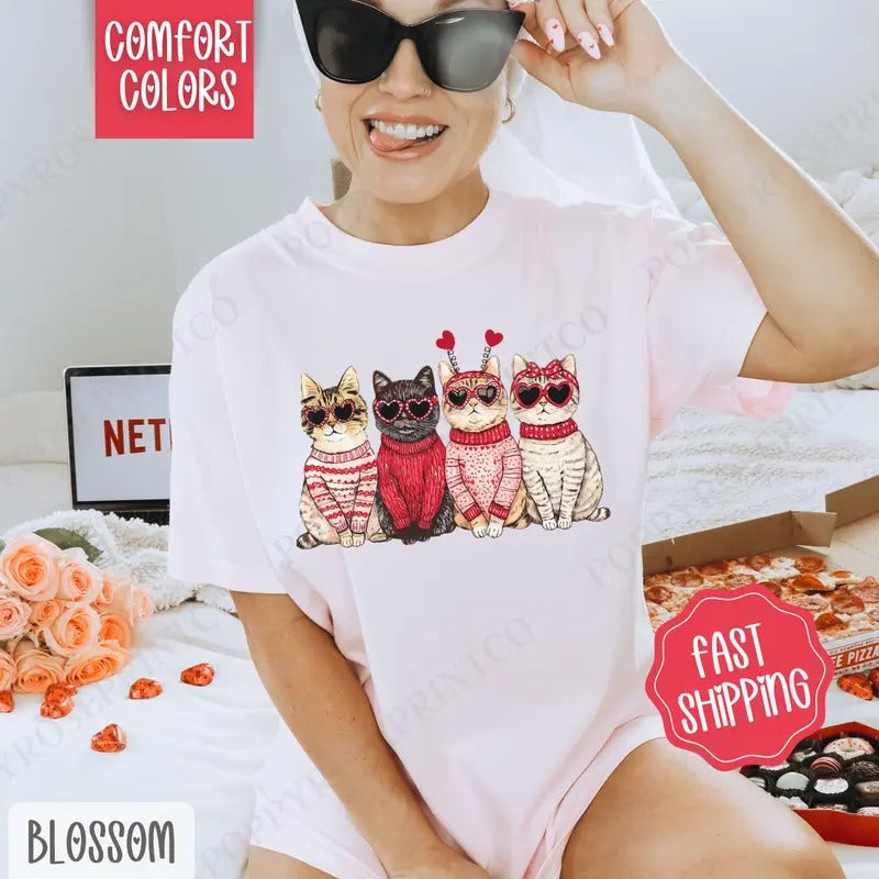 Valentine Cats Shirt Comfort Colors, Valentine's Day Women's Tee, Holiday Cat Women's Tshirt Hoodie, Sweatshirt