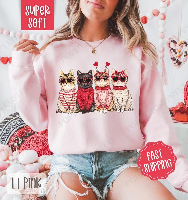 Valentine Cats Sweatshirt, Valentine's Day Crewneck, Holiday Cat Women's Sweater T-Shirts, Hoodie | HypeDripTees.com