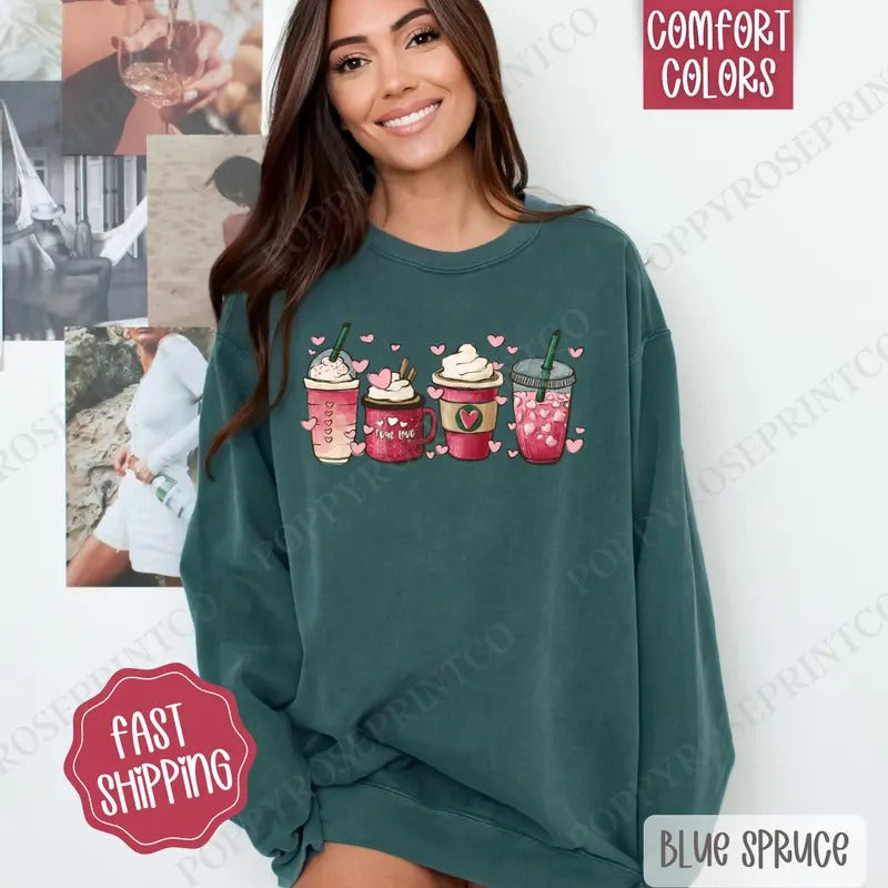 Valentine Coffee Comfort Colors Sweatshirt, Coffee Lover Women's Crewneck, Cute Women's Sweater T-Shirts, Hoodie