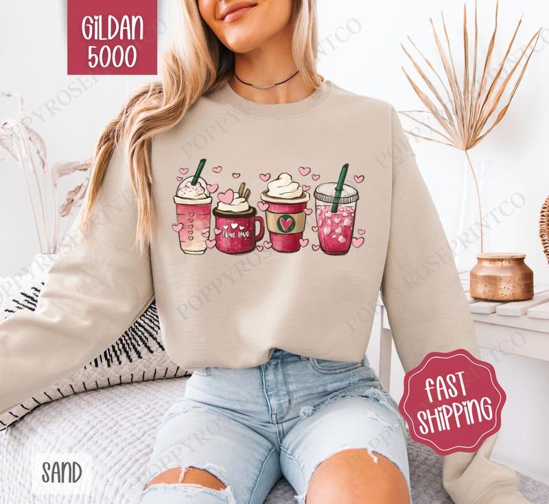 Valentine Coffee Sweatshirt, Coffee Lover Crewneck, Cute Women's Sweater T-Shirts, Hoodie | HypeDripTees.com