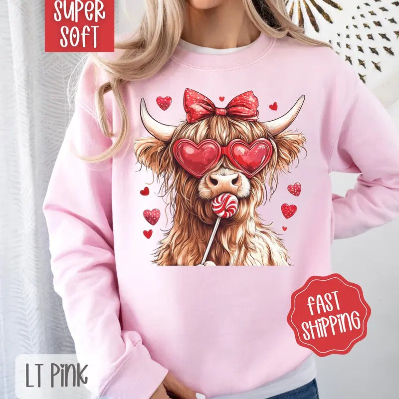 Valentine Cow Sweatshirt, Valentine's Day Crewneck, Cute Women's Sweater T-Shirts, Hoodie | HypeDripTees.com