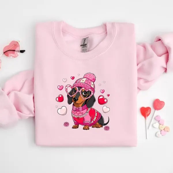 Valentine Dachshund Dog Shirt, Valentine's Day Dog Mom Shirt, Dachshund Valentines Day Sweatshirt Hoodie | HypeDripTees.com