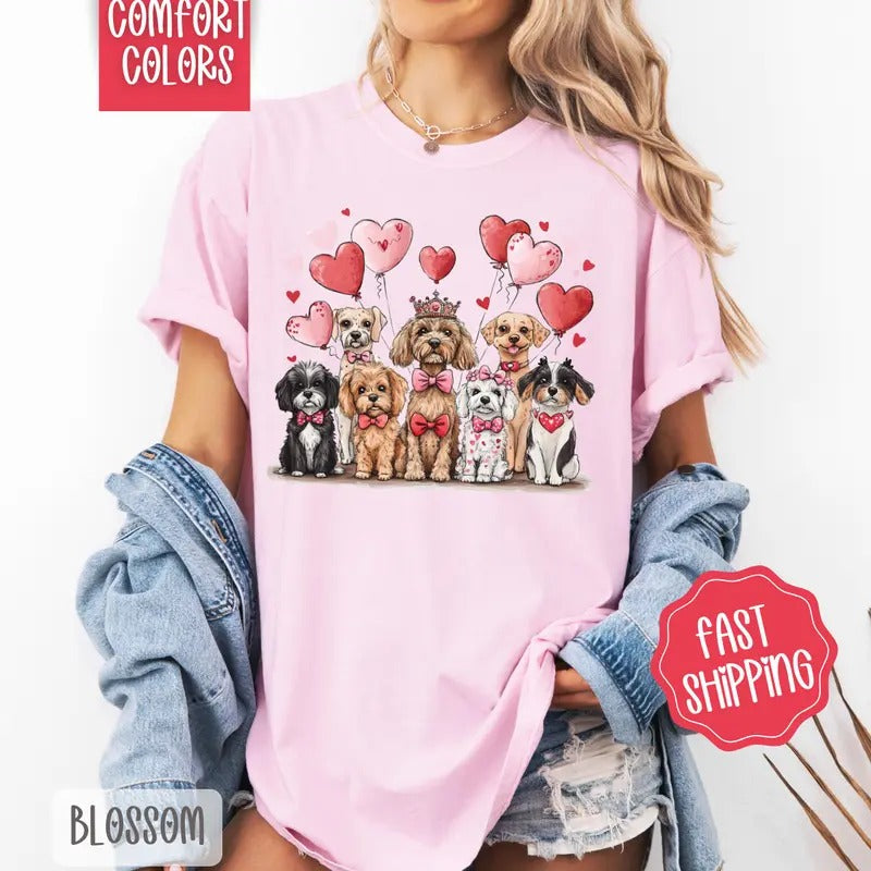 Valentine Dogs Shirt Comfort Colors, Valentine's Day Women's Tee, Cute Women's Tshirt Hoodie, Sweatshirt | HypeDripTees.com