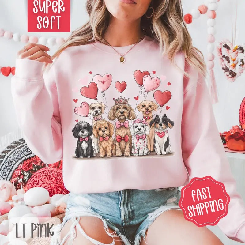 Valentine Dogs Sweatshirt, Valentine's Day Crewneck, Cute Women's Sweater T-Shirts, Hoodie | HypeDripTees.com