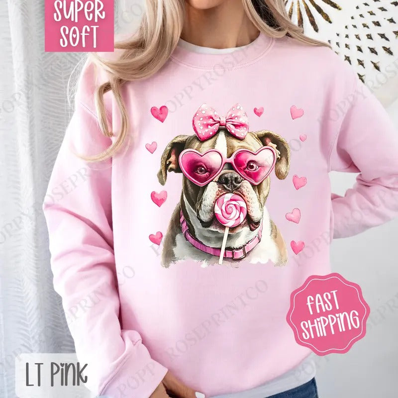 Valentine English Bulldog Sweatshirt, Valentine's Day Crewneck, Cute Women's Sweater T-Shirts, Hoodie | HypeDripTees.com