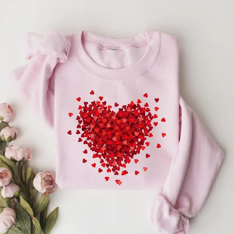 Valentine Flying Hearts Sweatshirt, Valentine Day Cute Red Hearts Sweater, Flying Red Hearts Tee, Cute Girly Valentine...