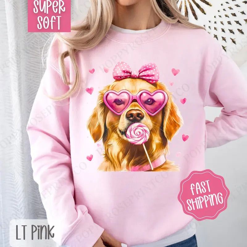 Valentine Golden Retriever Sweatshirt, Valentine's Day Crewneck, Cute Women's Sweater T-Shirts, Hoodie | HypeDripTees.com