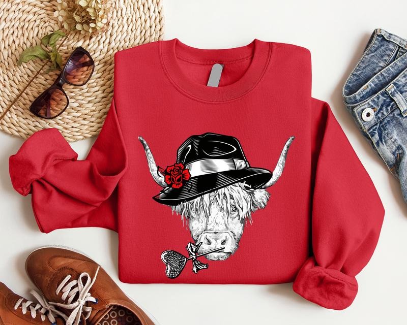 Valentine Highland Cow Sweatshirt, Western Valentine Hoodie, Cow Lovers Gift Sweater, Country Valentine Sweatshirt For...