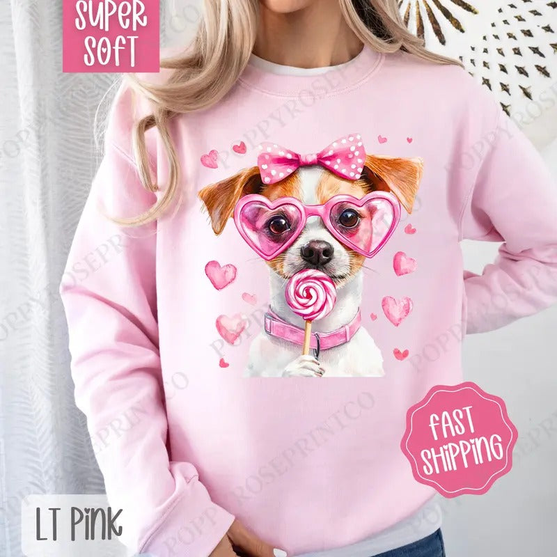Valentine Jack Russell Sweatshirt, Valentine's Day Crewneck, Cute Women's Sweater T-Shirts, Hoodie | HypeDripTees.com