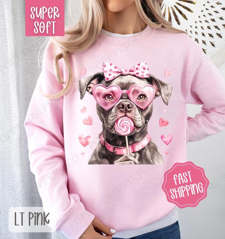 Valentine Pitbull Sweatshirt, Valentine's Day Crewneck, Cute Women's Sweater T-Shirts, Hoodie | HypeDripTees.com