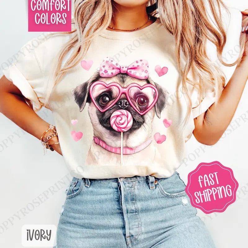 Valentine Pug Shirt Comfort Colors, Valentine's Day Women's Tee, Cute Women's Tshirt Hoodie, Sweatshirt | HypeDripTees.com