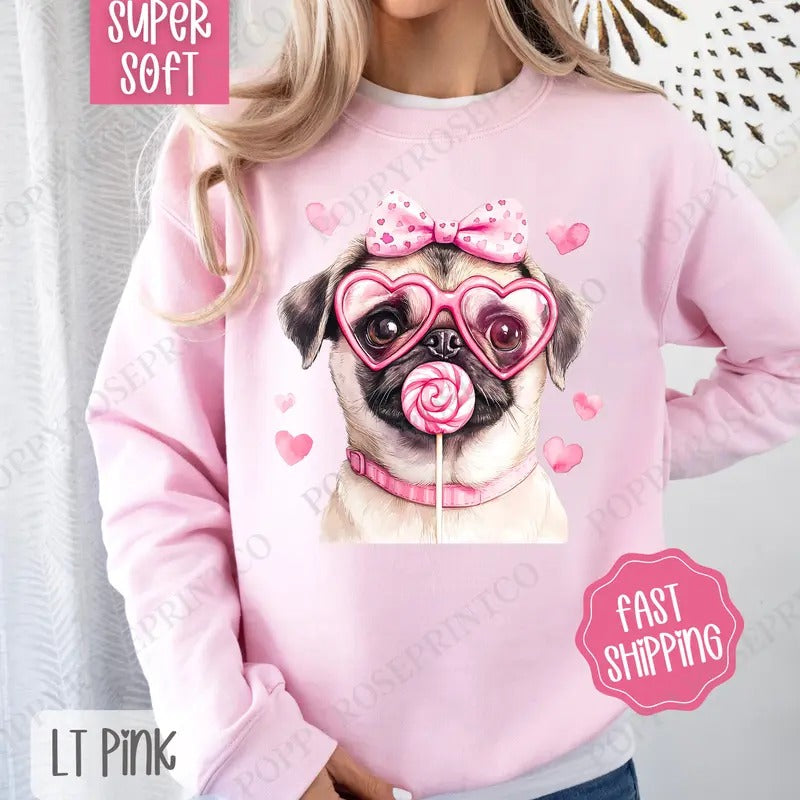 Valentine Pug Sweatshirt, Valentine's Day Crewneck, Cute Women's Sweater T-Shirts, Hoodie | HypeDripTees.com