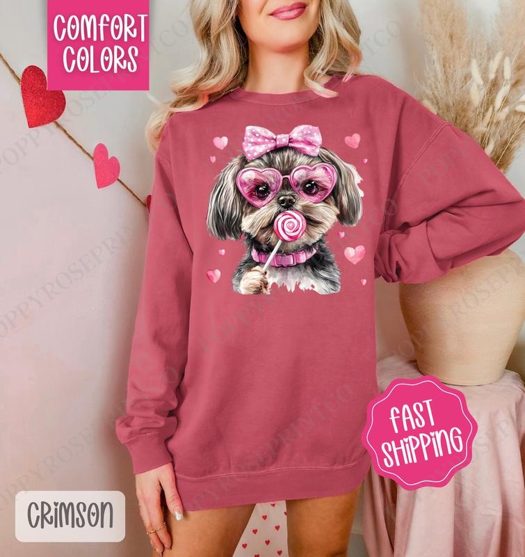 Valentine Shihtzu Comfort Colors Sweatshirt, Valentine's Day Women's Crewneck, Cute Women's Sweater T-Shirts, Hoodie