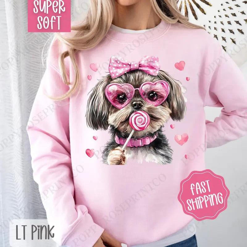 Valentine Shihtzu Sweatshirt, Valentine's Day Crewneck, Cute Women's Sweater T-Shirts, Hoodie | HypeDripTees.com