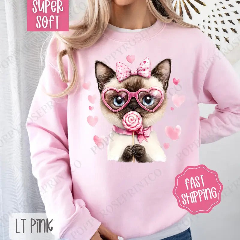 Valentine Siamese Cat Sweatshirt, Valentine's Day Crewneck, Cute Women's Sweater T-Shirts, Hoodie | HypeDripTees.com
