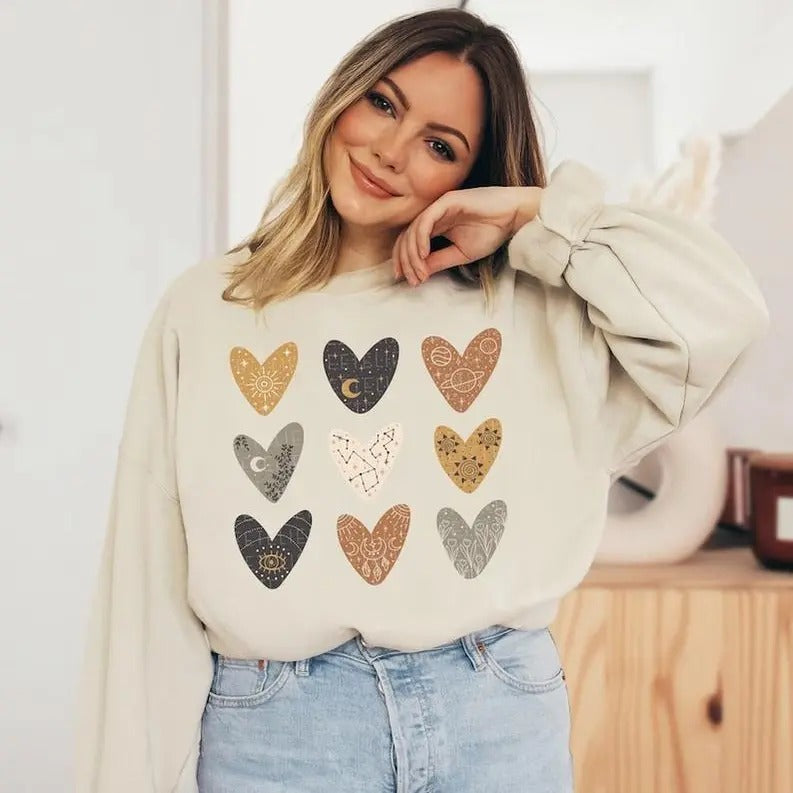 Valentine Sweatshirt Boho Celestial Hearts Valentines Shirts for Women Love Heart Hoodie and Sweater; T-shirt Cotton...