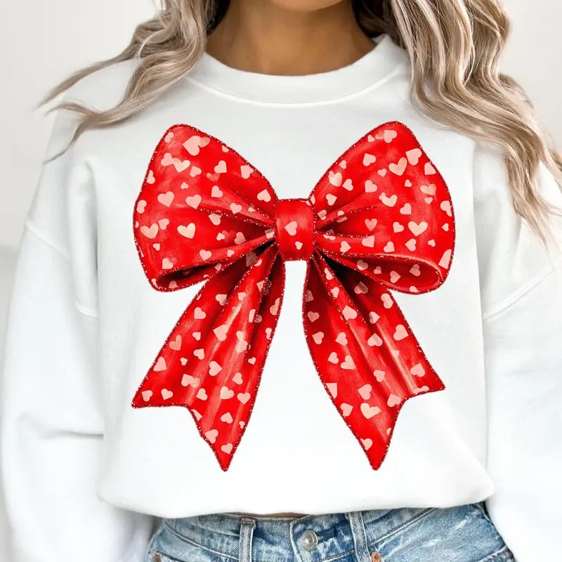 Valentine's Day Heart Coquette Bow T-Shirt, Retro Valentine Crewneck, Valentine Love Sweatshirt, Heart Bow Valentine's...