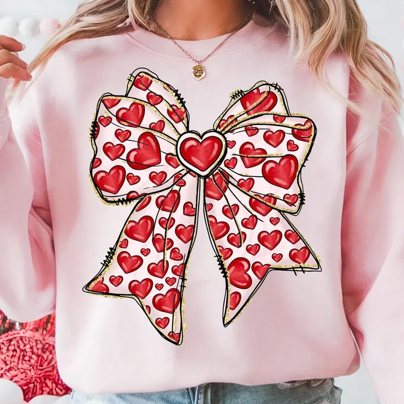 Valentine's Day Heart Coquette Bow T-Shirt, Trendy Valentine Crewneck, Valentine Love Sweatshirt Hoodie | HypeDripTees.com