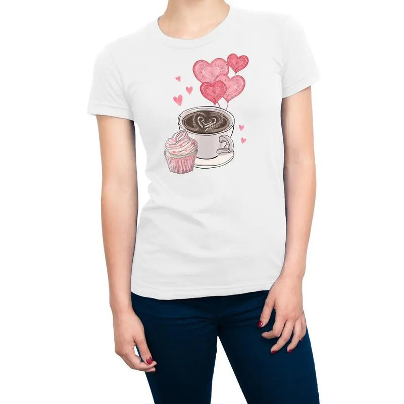 Valentines Coffee Cupcake & Hearts Women's T-Shirt Casual Crewneck Hoodie, Sweatshirt | HypeDripTees.com