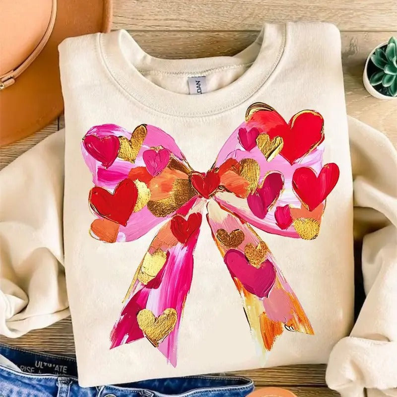 Valentines Day Coquette Bow Sweatshirt, Valentine Brushstroke Shirt, Coquette Valentine Shirt Hoodie | HypeDripTees.com